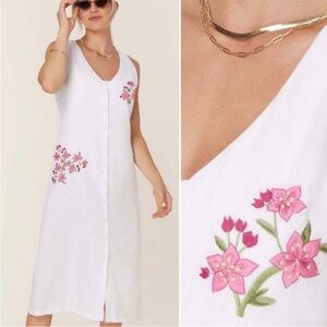 NWT Andie x Fanm Mon ANAMUR LINEN MIDI DRESS NEW White Pink EMBROIDERED size XL